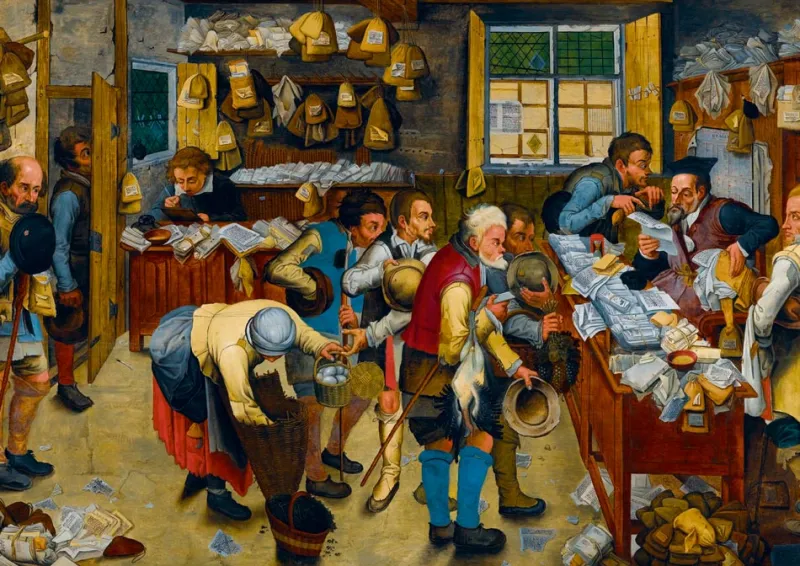 Art by Bluebird Bluebird - Pieter Brueghel the Younger - The Tax-collector's Office, 1615 - 1000 Piece Jigsaw Puzzle Online