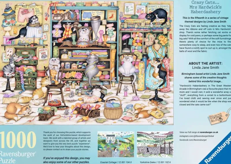 Ravensburger - Crazy Cats - Mrs Hardwick's Haberdashery - 1000 Piece Jigsaw Puzzle New